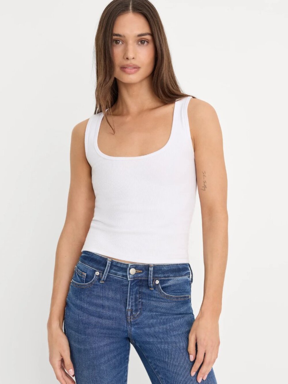 Good American Ribbed Tank Top, White, Large